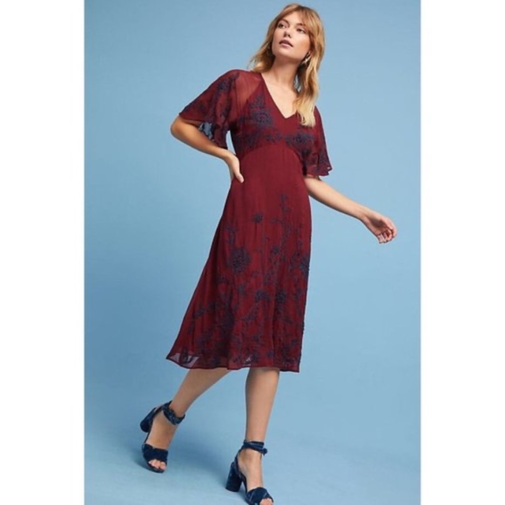 Anthropologie Burgundy Midi Dress with Navy Floral Accents